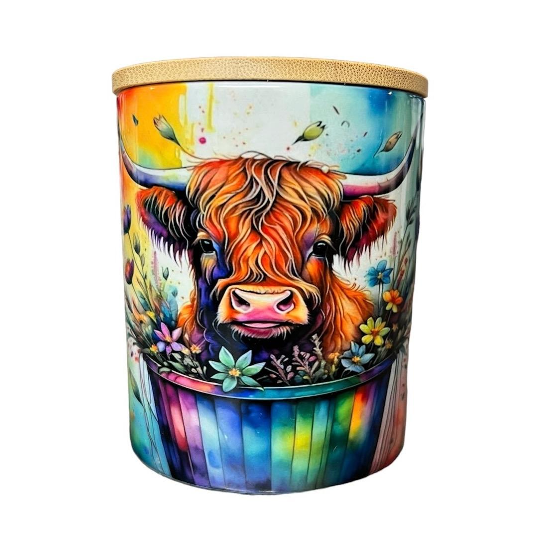 Highland cow in a bucket cute soy wax candle